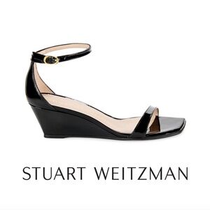 Stuart Weitzman Womens Nudist Curve Heel Black Patent Leather Wedge Size 6.5 NEW